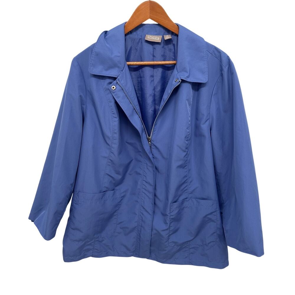CHICO'S Periwinkle Blue Collared Rain Lightweight Jacket // 3